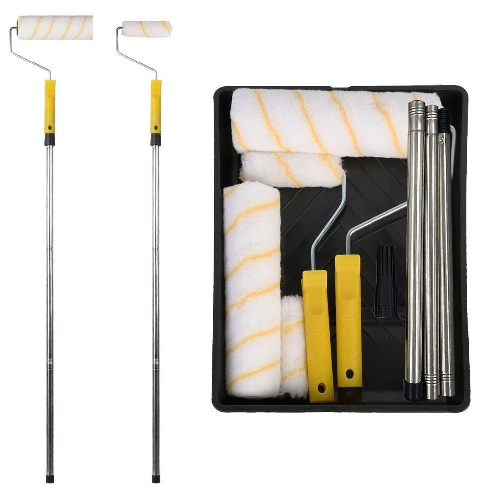 Set Paint Rollers Extension Pole Tray Brush Roller Sleeves Painting Wall Ceiling
