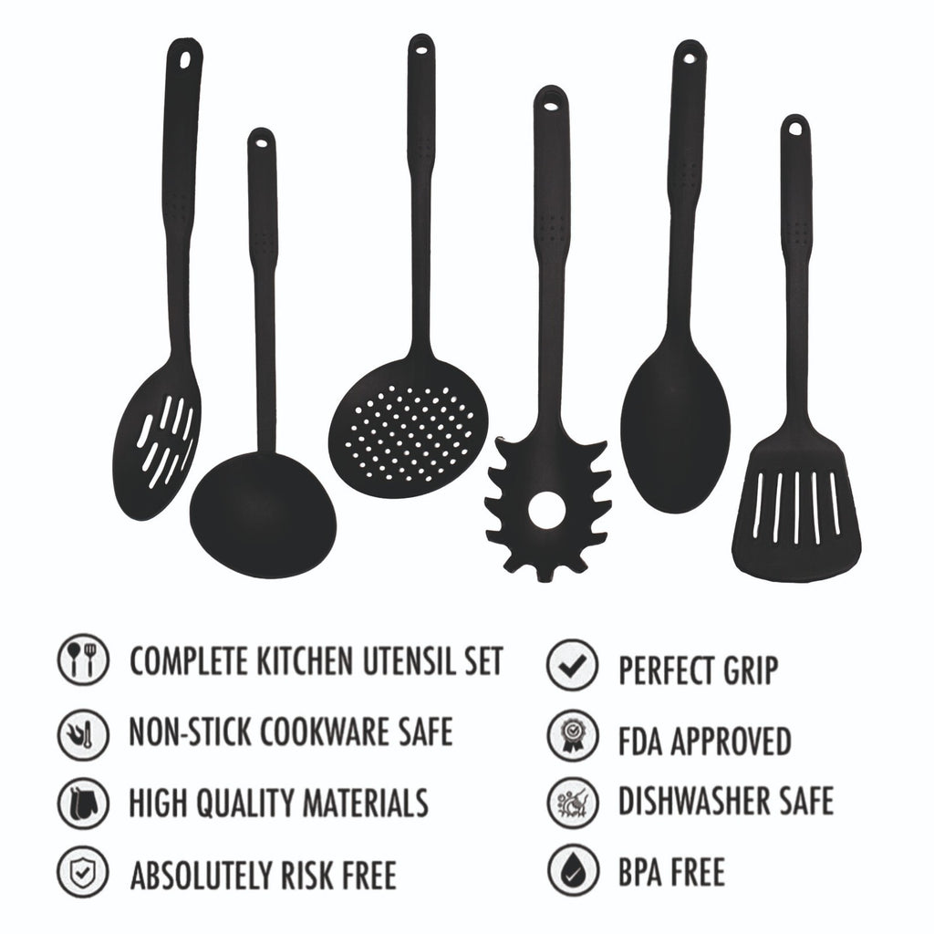 6PC NYLON KITCHEN UTENSIL SET CAMPING FOOD NON STICK BLACK