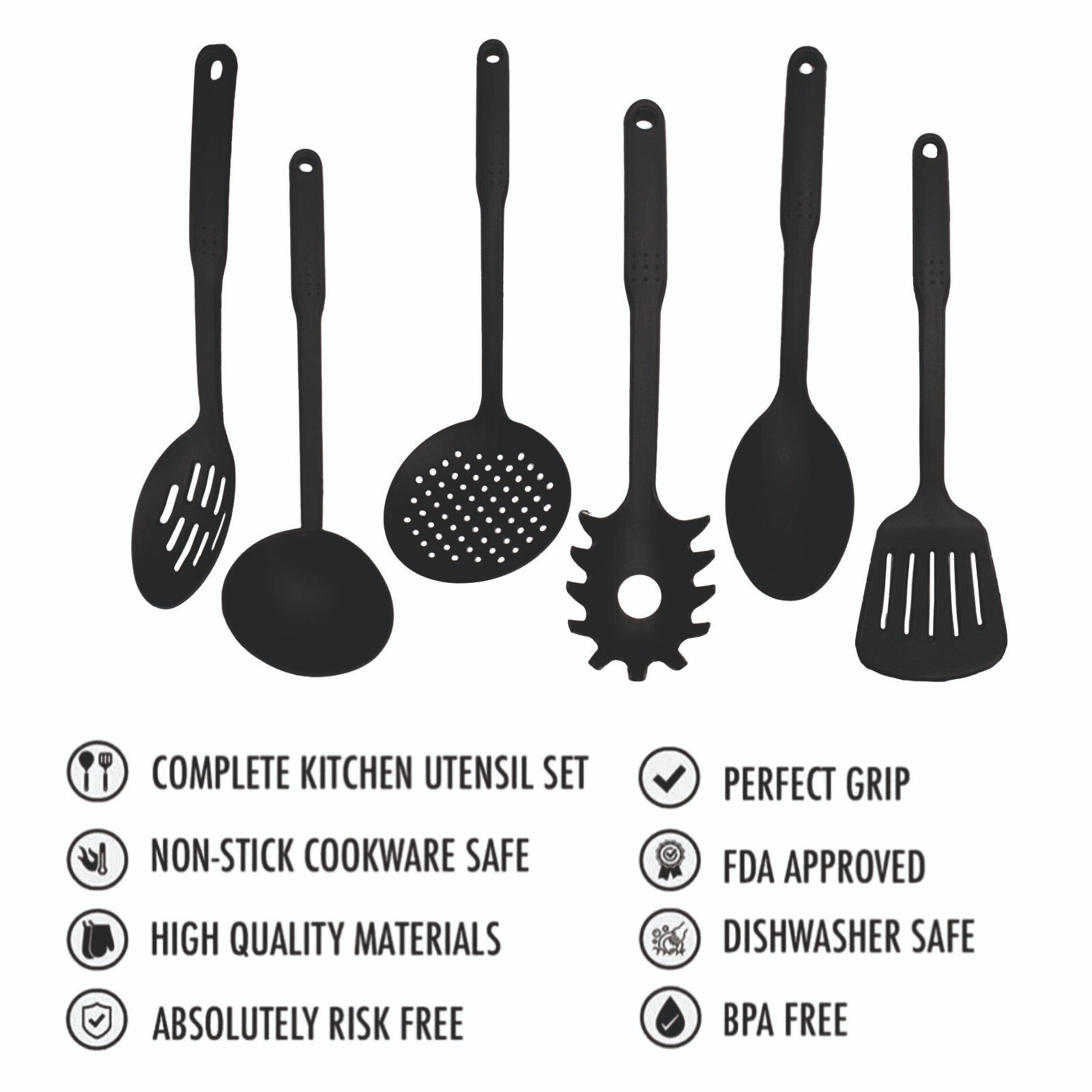 6PC NYLON KITCHEN UTENSIL SET CAMPING FOOD NON STICK BLACK