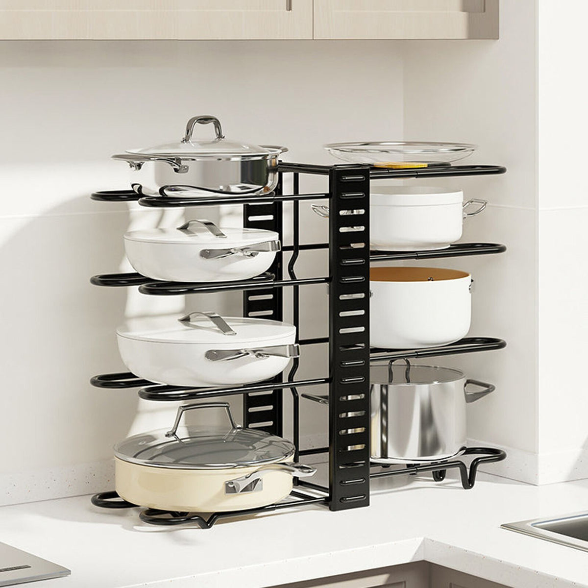 8 Tiers Non-slip Pot Rack Organizer Lid Pan Storage Holder Shelf Space Saving UK
