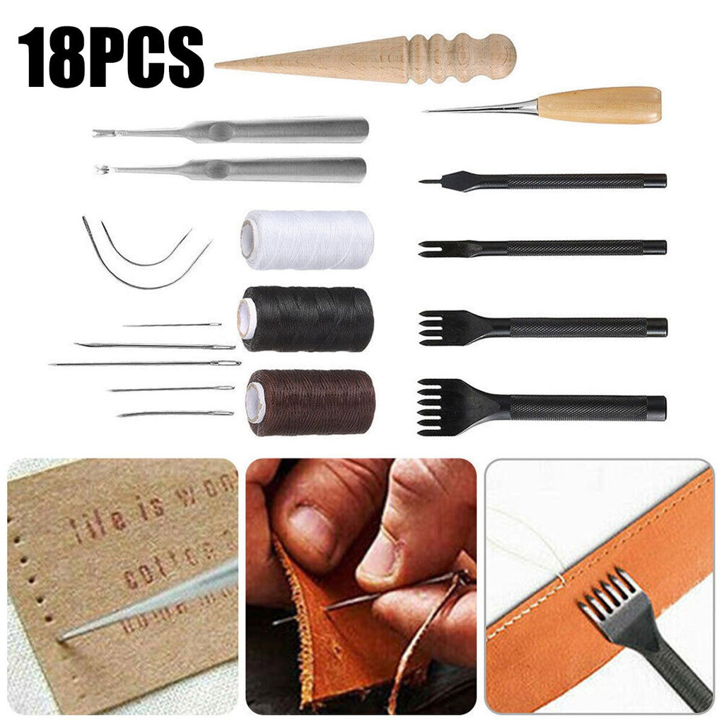 18Pcs Leather Craft Tool Kit Stitching Sewing Beveler Punch Working Hand Tools