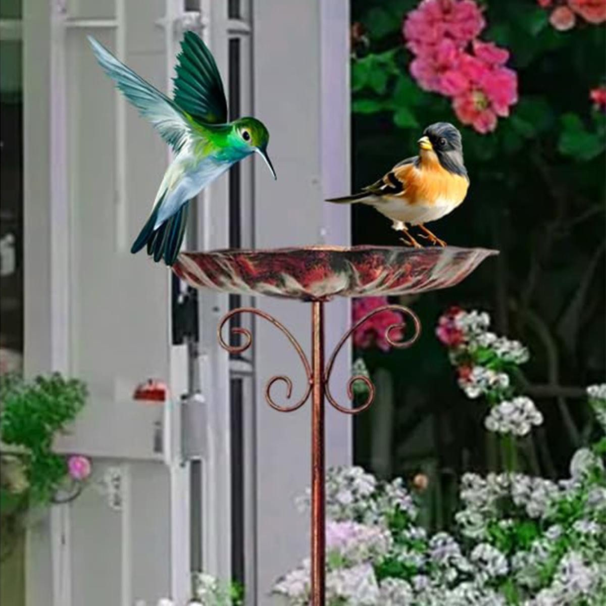 Retro Iron Bird Bath Feeder 5-Pronged Base Metal Bowl Freestanding Birdbath