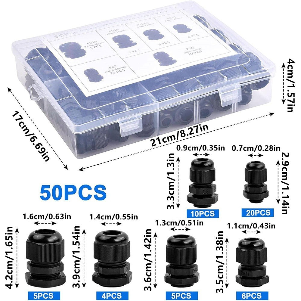 50Pcs Waterproof Nylon Cable Gland Kit IP68 Joints Adjustable Locknut Tool Set