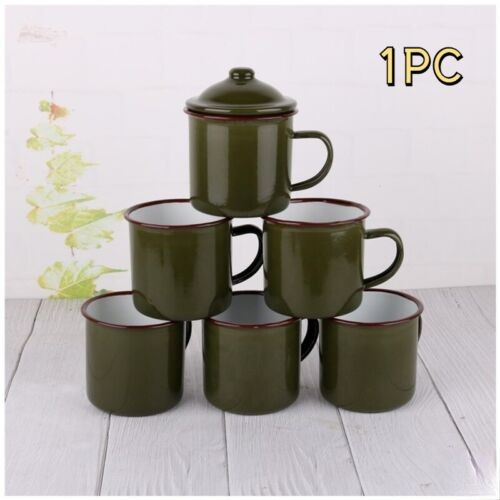 Armygreen Enamel Mug Vintage Travel Camping Tea Cup with Lid Drinkware