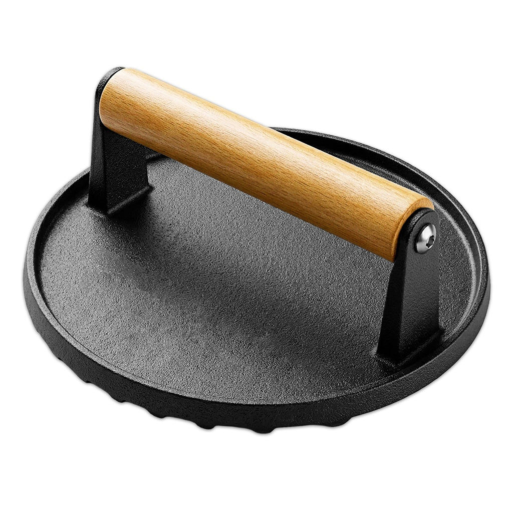 Burger Press Cast Iron 6.9" Heat Resistant Wood Handle BBQ Meat Grill Smash Tool
