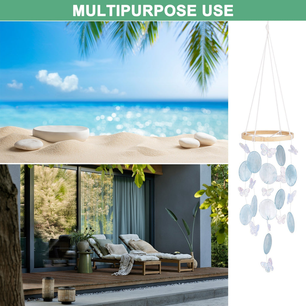Shell Wind Chime for Outside, Butterfly Sea Glass Shell Wind Chime