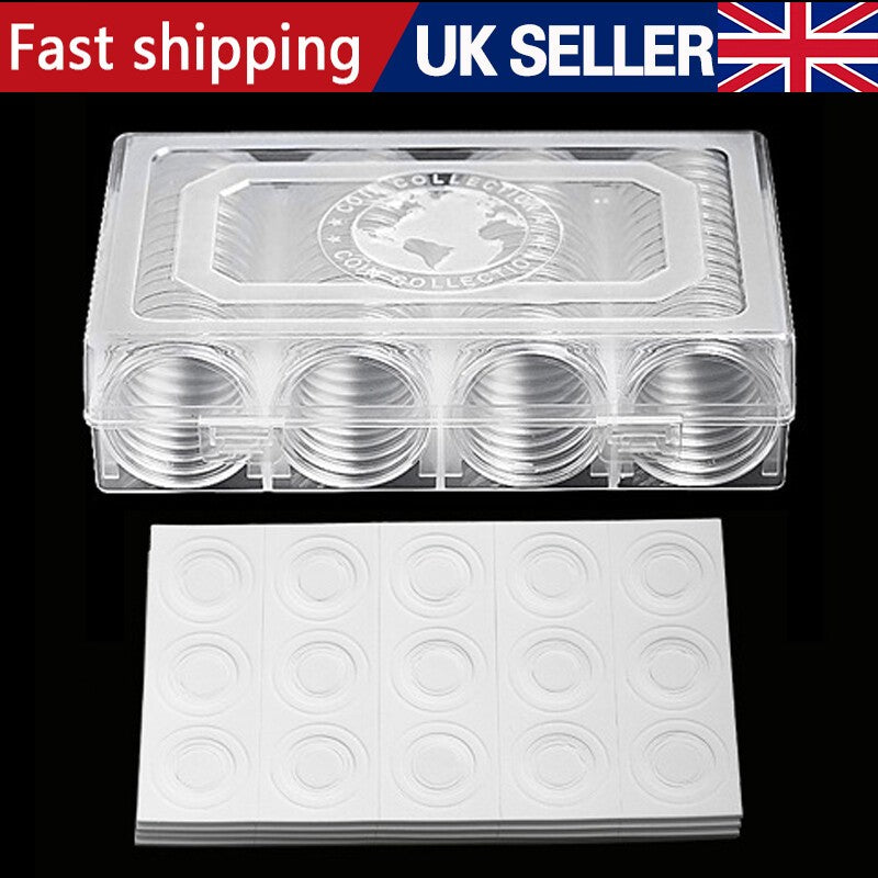 60Pcs 40mm Clear Coin Capsules Holder Storage Box Coin Collection Container Kit