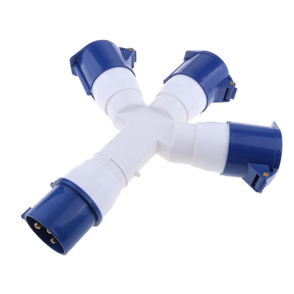 3 Way Splitter 220V 32A 3Pin Blue Industrial Plug Sockets Adaptor IP44 2P+E
