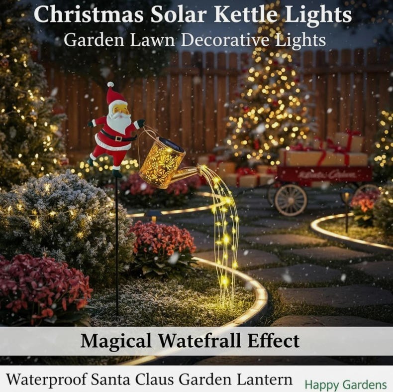 Waterproof Solar Watering Can Lights Outdoor Metal Garden  Decor Christmas Santa