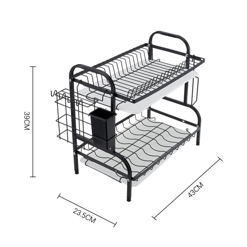 2 Tiers Large Dish Drainer Plate Rack Dryer Knives Cutlery Holder with Drip Tray