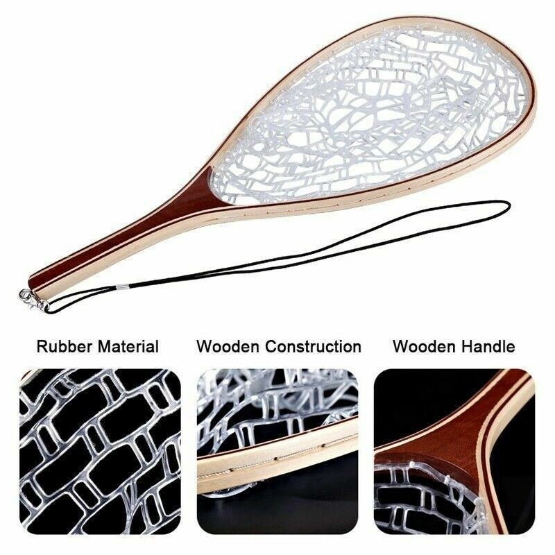 Wooden Handmade, Coarse fishing Rubber Fly Fishing trout/salmon Landing Net