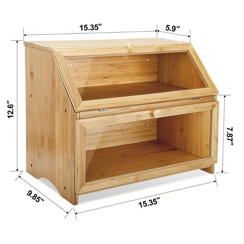 2 Tier Bamboo Bread Bin Double Layer Kitchen Storage Container Loaf Bread Box UK