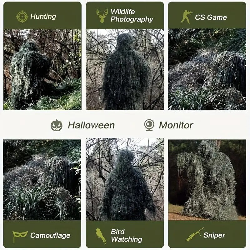 Multi-Scenario Woodland Camouflage Ghillie Suit – Adult Hunting Camouflage Gear