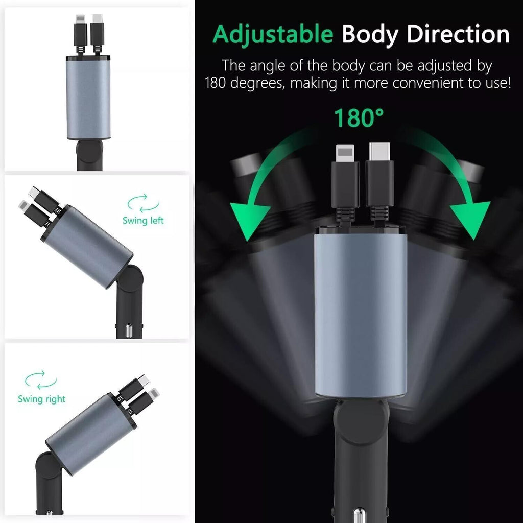 Retractable Car Charger 4IN1 120W USB Type C Cable For Phone Fast Charge Adapter