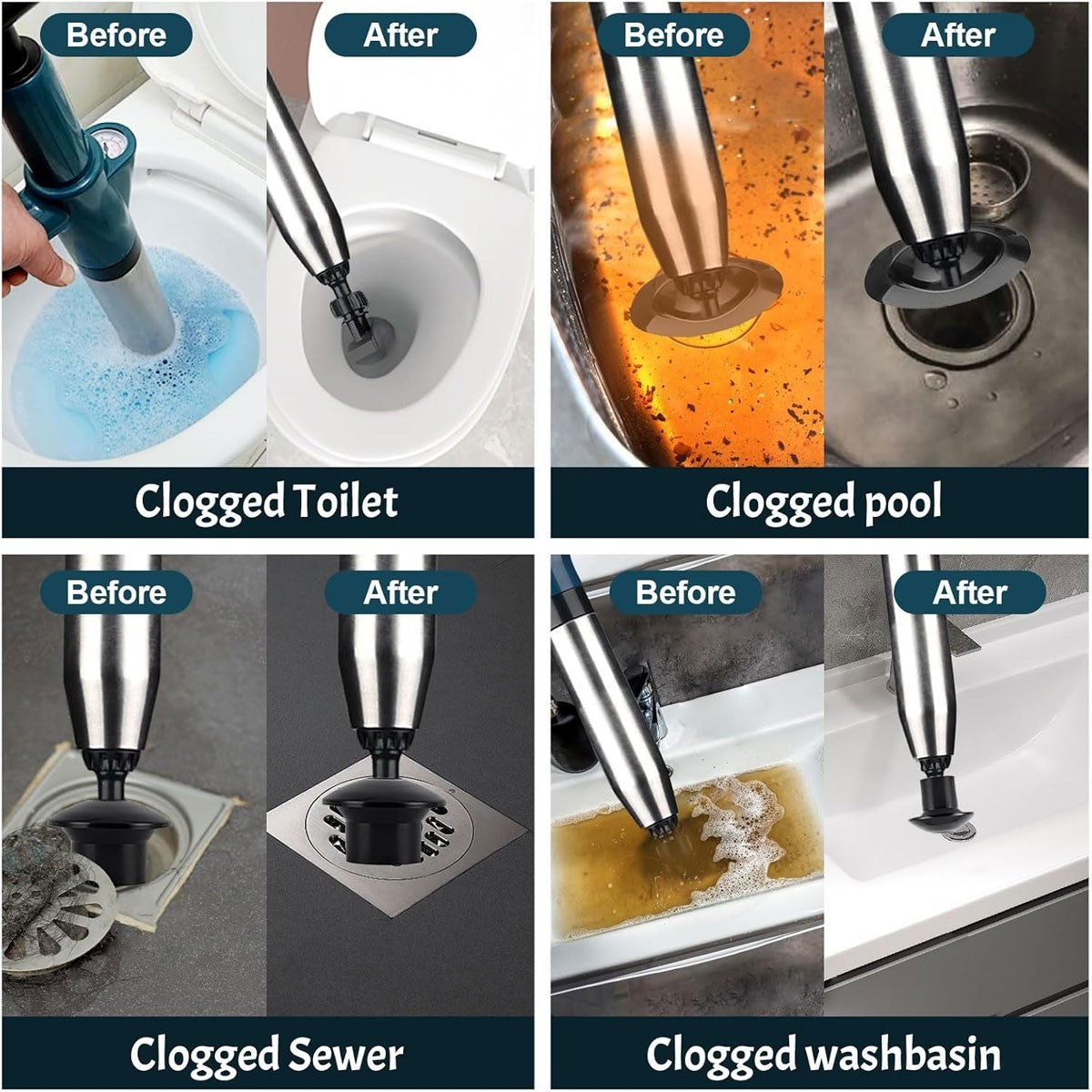 Stainless Steel Toilet Plunger Kit Drain Buster Drain Unblocker For Sink/Toilet