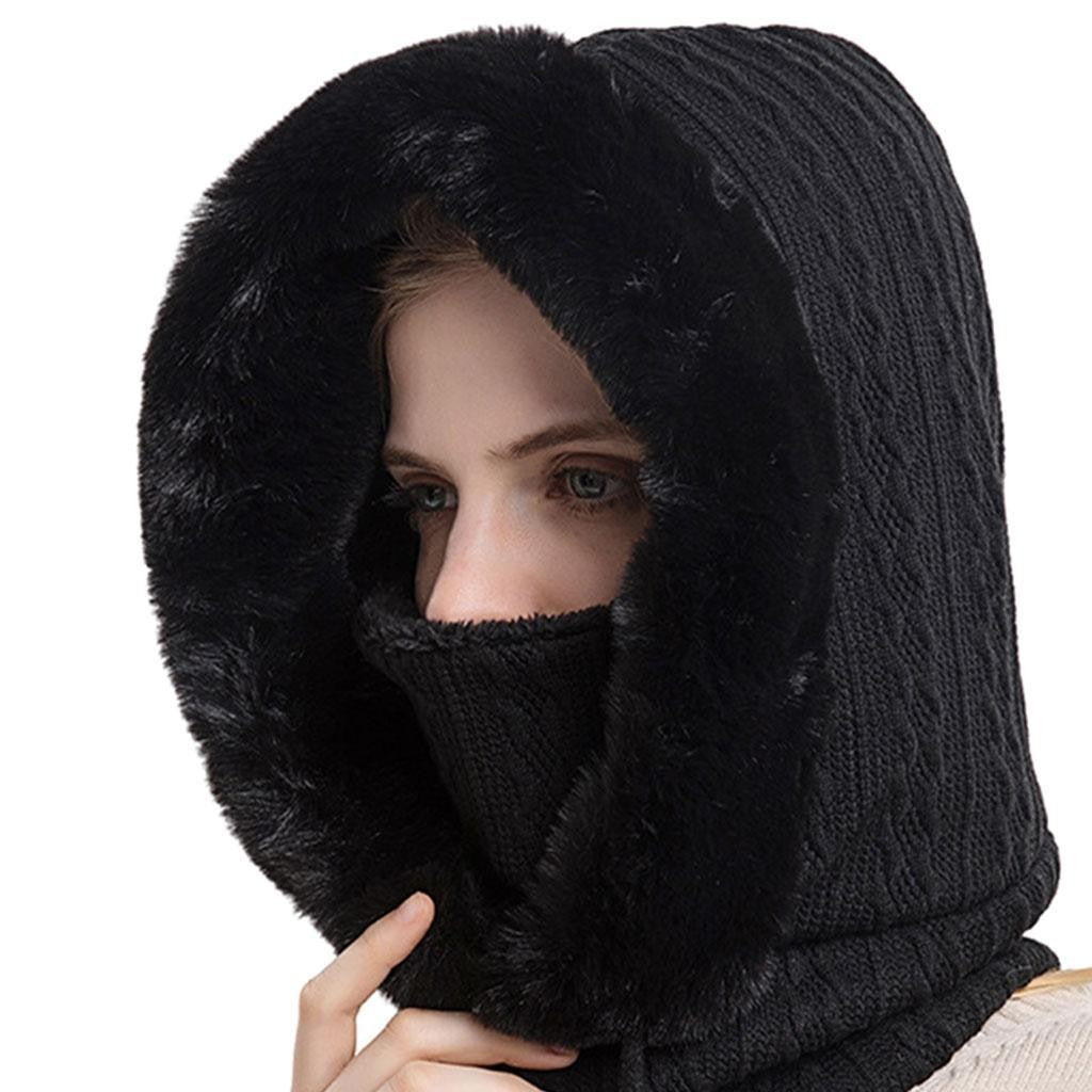 Windproof Hat Scarf Mask Set Winter Womens Hood Fur  Knitted for Camping Ladies