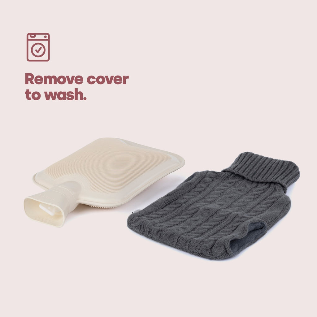 LIVIVO 2L Grey Knitted Hot Water Bottle with Insulating Cover and Pockets