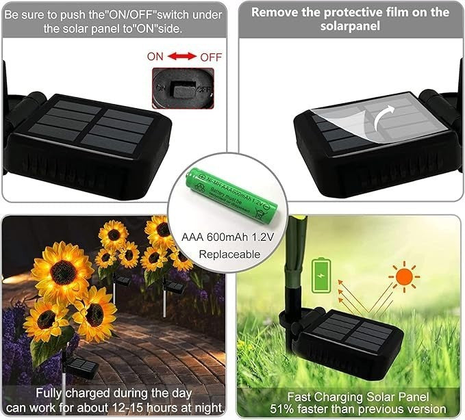 2×Solar Powered 3 Heads Sunflower LED Garden Light Outdoor Path Lawn Stake Lamp