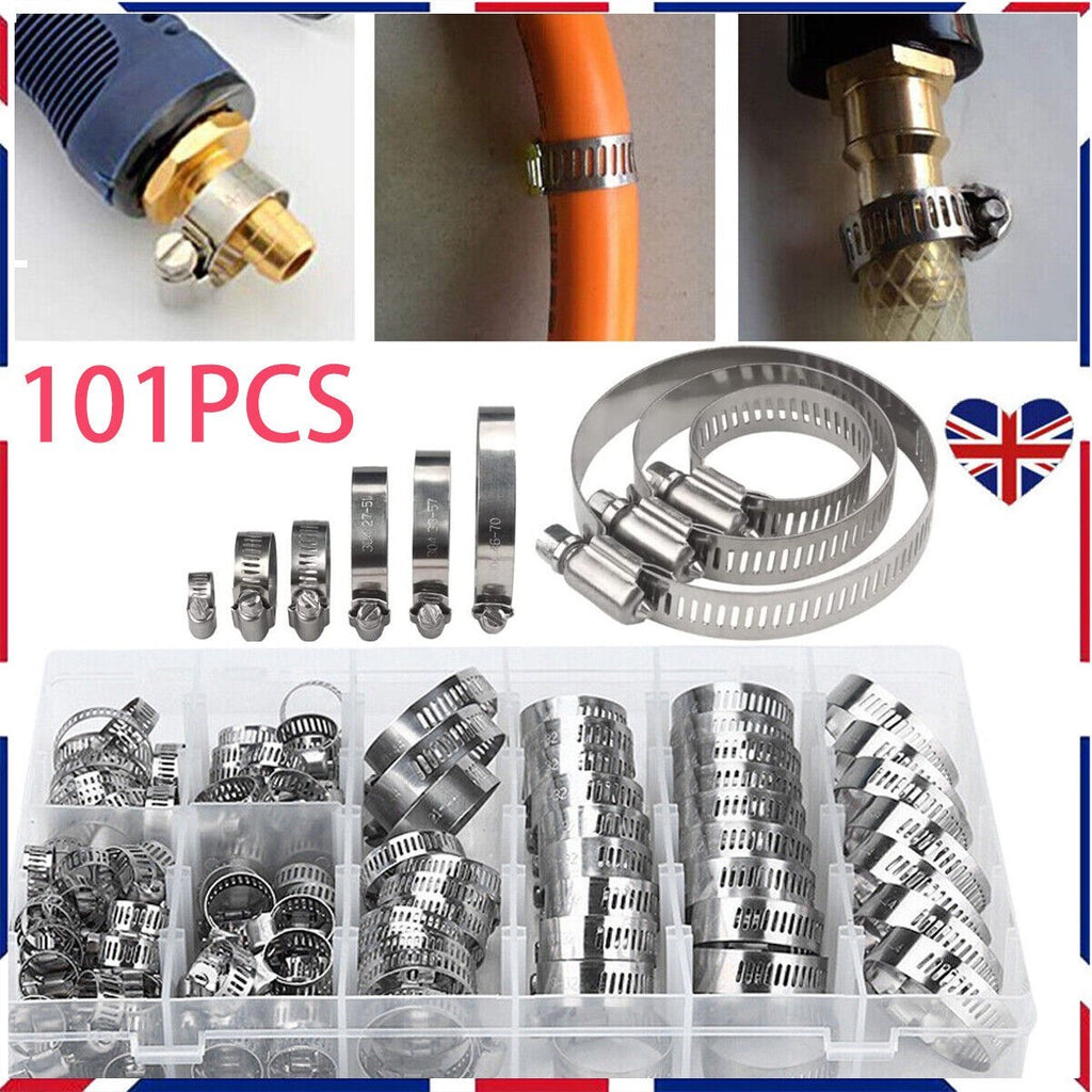 101x Assorted Stainless Steel Hose Clamp Kit With No Driver Jubilee Clips Set UK