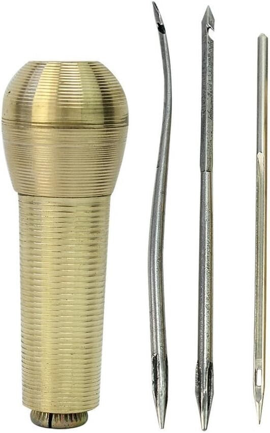 Copper Handle 3 Needles Sewing Awl Hand Stitcher Shoe Repair Tool Canvas Leather