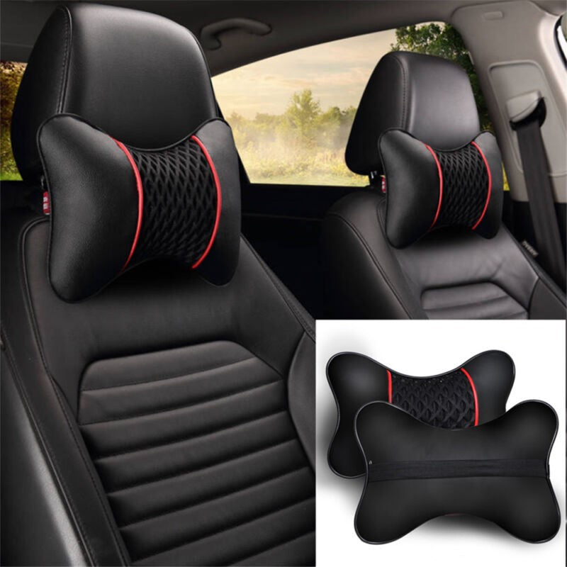 2Pcs Car Seat Head Neck Rest PU Leather Support Cushion Pad HeadRest Bone Pillow