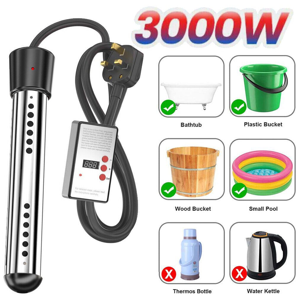 UK Plug Immersion Water Heater Electric Boiler Heating Portable Suspension 3000W
