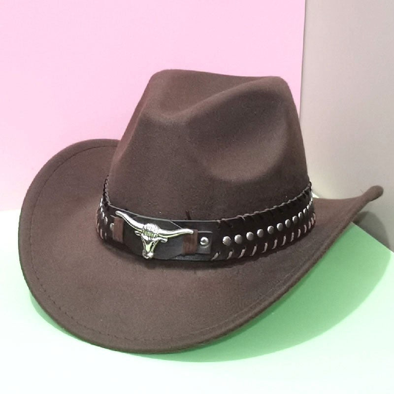 1PC Casual Western Cowboy Hat with Buckle & Bull Head Design Wide Brim Hat