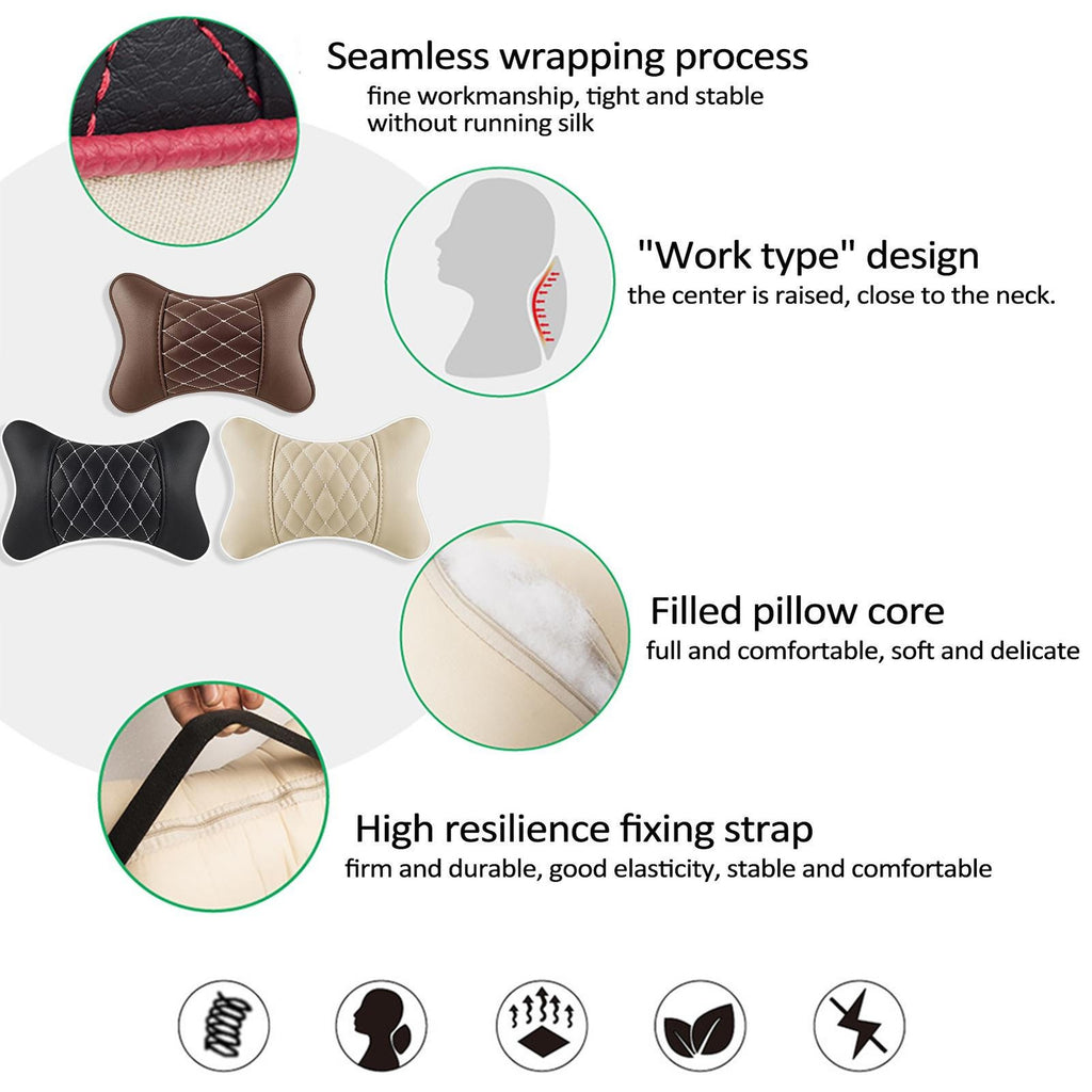 2pc Car Seat Head Neck Rest PU Leather Support Cushion Pad HeadRest Bone Pillow
