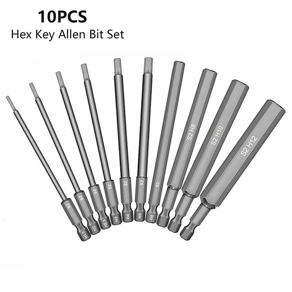 10Pc Long Metric Hex Allen Key Bit Quick Change Impact Driver Drill Connect Bits