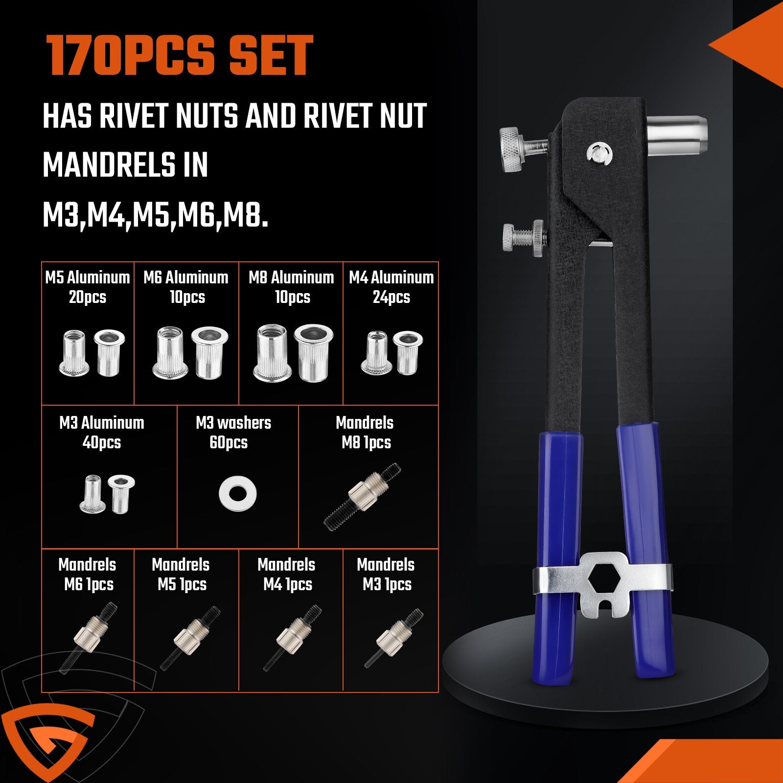 170pcs Professional Hand Nut Tool Riveter Rivnut Gun Kit Mandrels Repair M3-M8