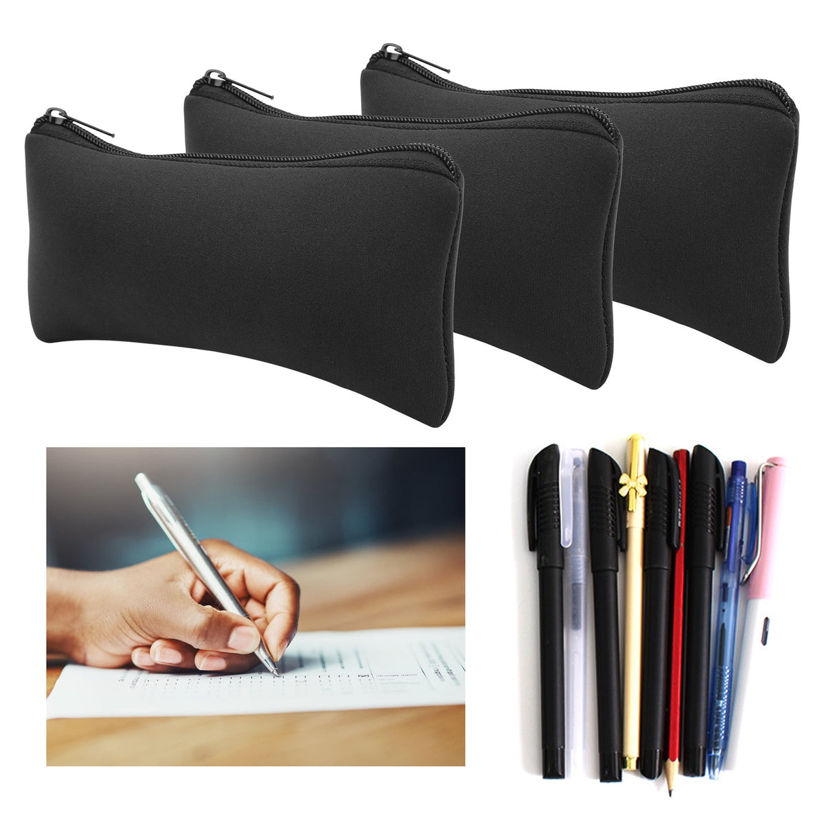 (Black)3pcs Neoprene Mountaineering Storage Pencil Case Bag Camping Soft