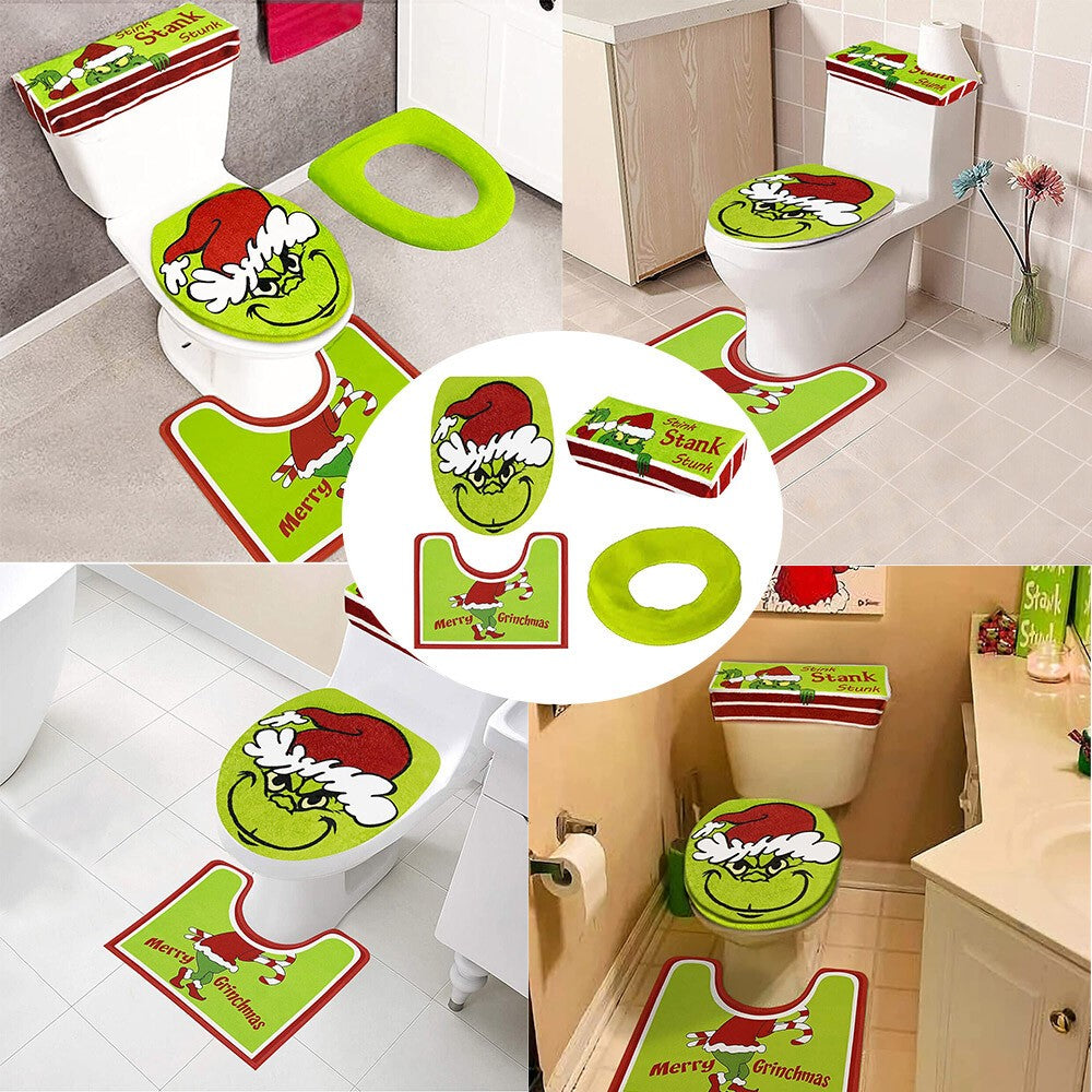 4PCS/Set Christmas Grinchs Decor Bathroom Toilet Pad Seat Cover-Rug for Bathroom
