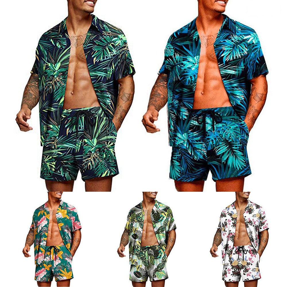 2pcs Mens Short Sleeve Hawaii Shirts Summer Beach T Shirt Beach Top Shorts Set