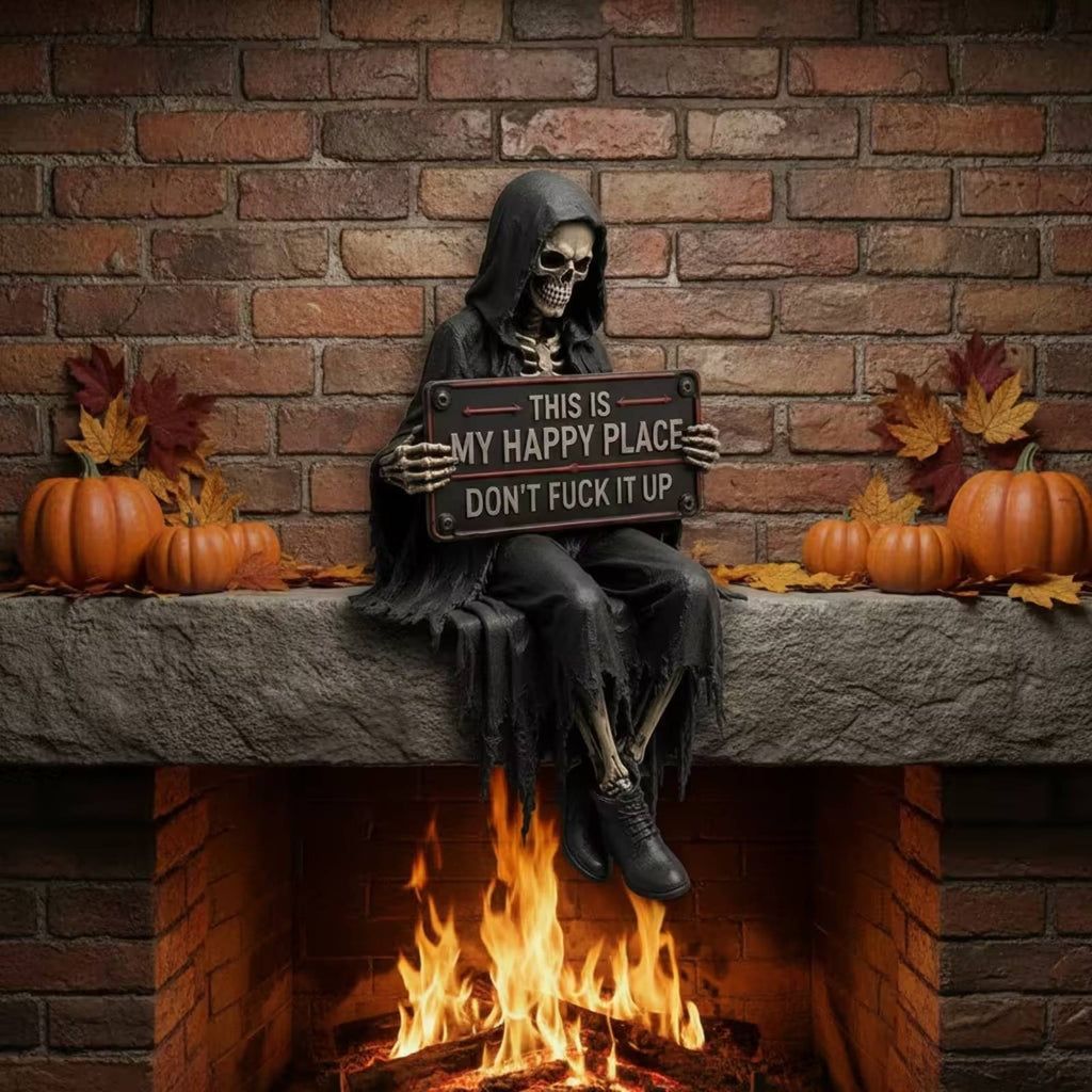 Skeleton Statue with Sign Tabletop Grim Reaper Statue Dark for Bookshelf, Goths