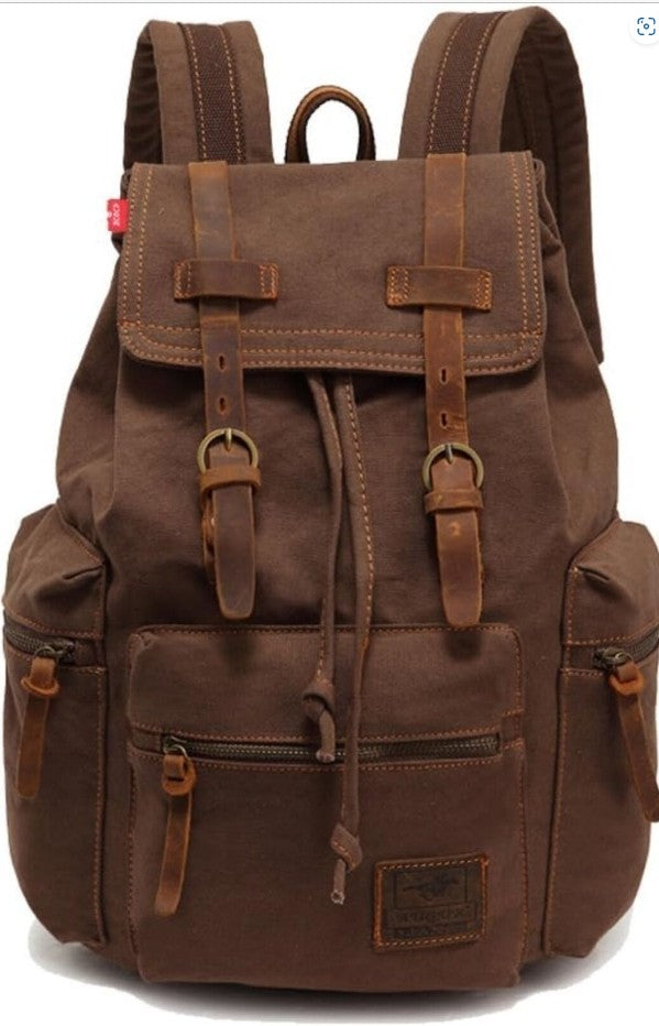 Vintage Leather Canvas Backpack Rucksack Travel Bag Unisex Outdoor Hiking