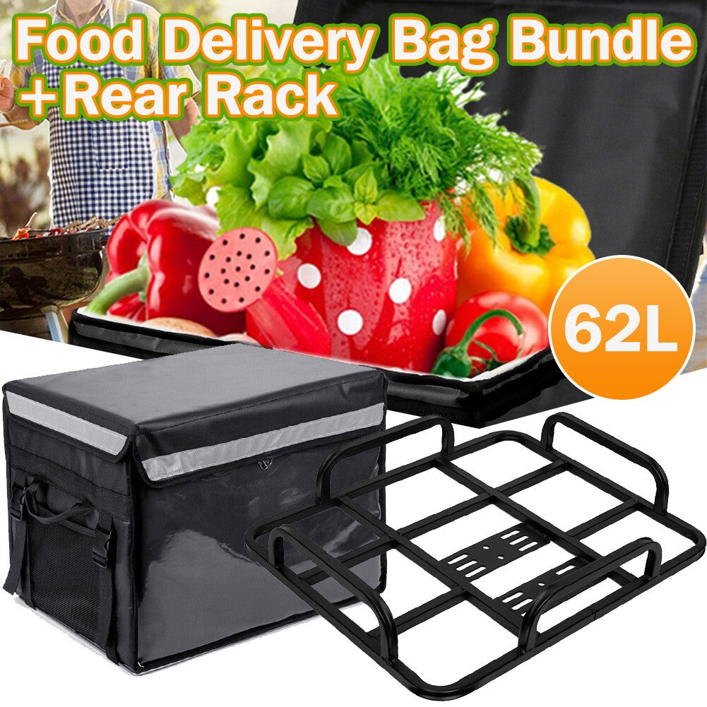 62L Food Delivery Bag + Rear Rack For Motorcycle Bike Food Delivery Drivers Kit.