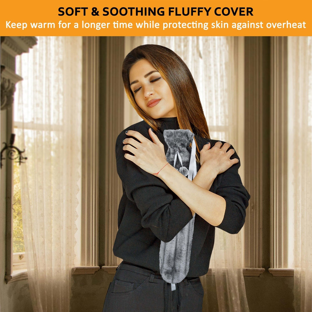 Long Hot Water Bottle With Fluffy Cover 2 Litre Extra Long Grey - 75cm