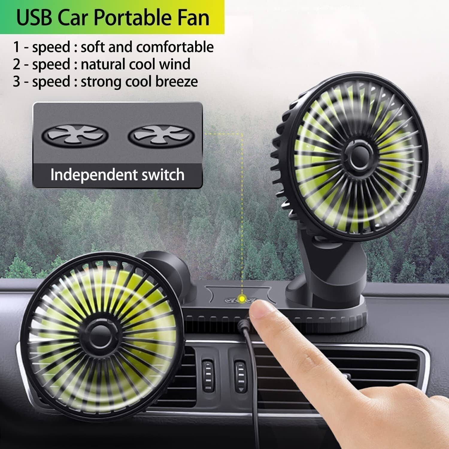 Portable 2 Head Fan 360° Rotatable Car Cooling Air Fan 5V Dual Head Fan USB