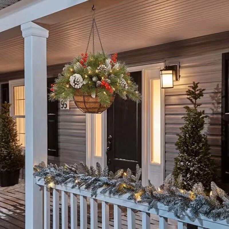 Christmas Artificial Flower Hanging Basket w/ LED Lights Xmas Garden Home Decor