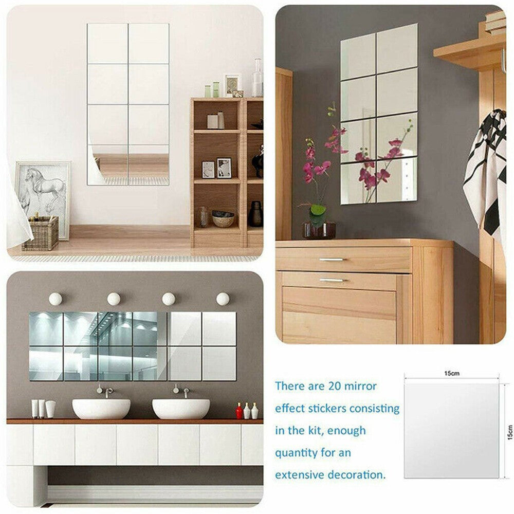 16Pcs Mirror Tiles Wall Sticker Self Adhesive Square Stick On Art Home Decor