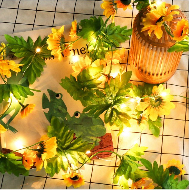 LED Solar Powered Sunflower Fairy String Lights Outdoor Garden Wall Fence Lamp