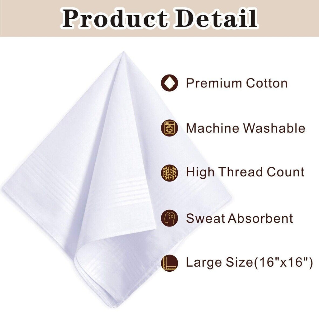 12xMens Large White Square Handkerchief Soft Cotton Hankies Hankerchiefs 40x40cm