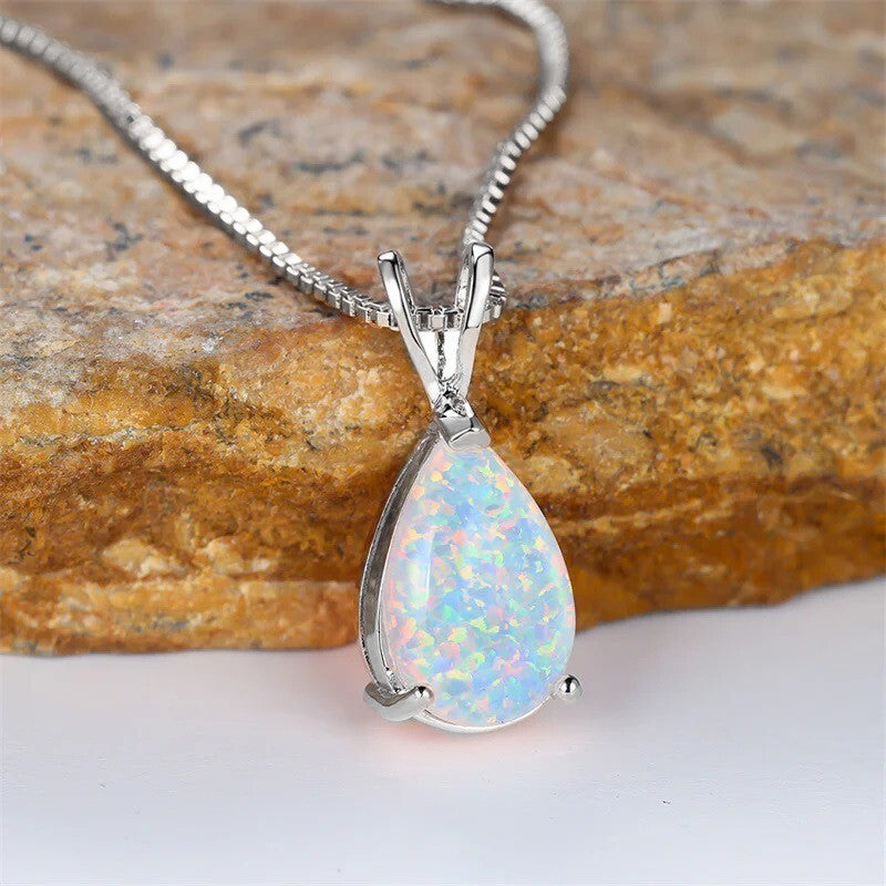 White Opal Pendant Necklace Minimalist Droplet Fire Opal Stone Jewellery