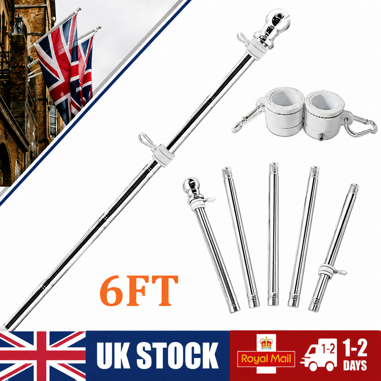 Adjustable Flag Pole Stainless Heavy Duty Rotating Flag Anti Tangle Caravan 6ft