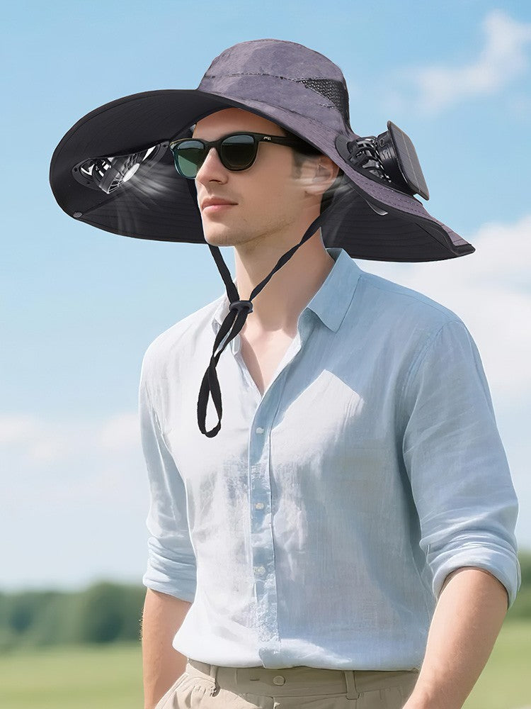 Dual Solar Fan Hat Breathable 3 Speeds Wide Brim Sun Cap UV Protection Visor Cap