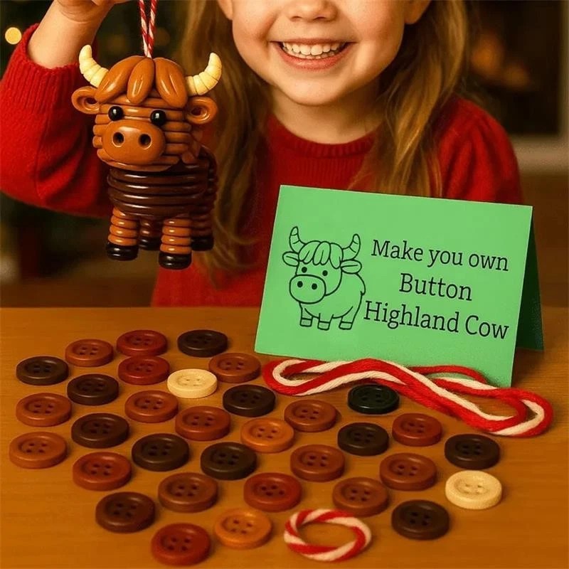 DIY Button Highland Cow Craft Kit, Fun Christmas Button Ornament Making Set Gift