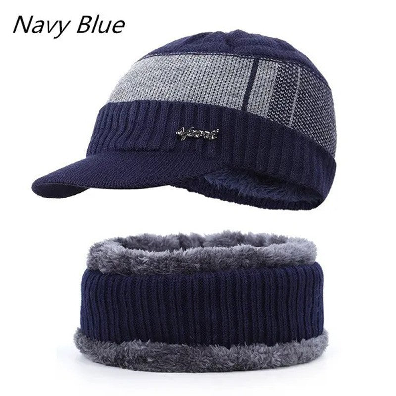 Mens Winter Warm Peaked Beanie Hat Fleece Lined Outdoor Ski Cap with Scarf