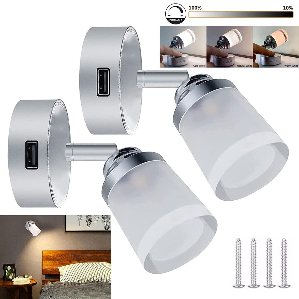 2x 12V LED Interior Spot Reading Light Camper Van Caravan Boat Touch Switch USB