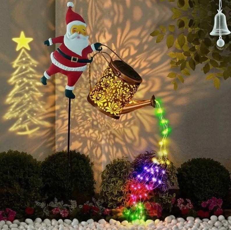 Waterproof Solar Watering Can Lights Outdoor Metal Garden  Decor Christmas Santa