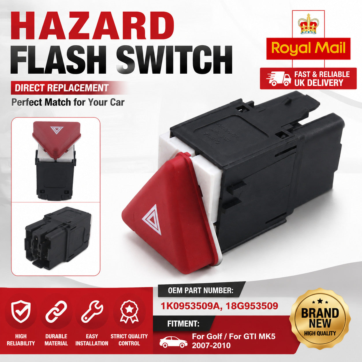 Volkswagen Golf Hazard Warning Light Switch Button 2004-2009 MK5 OEM 1K0953509A